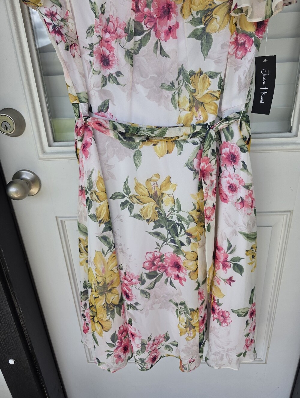 Jessica Howard Floral Midi Dress Sz 12 Pink Yellow Flutter Sleeve Belted Chiffon - Picture 4 of 11